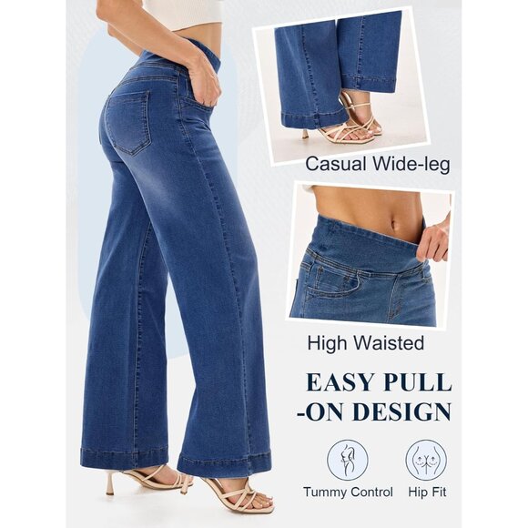 Wide Leg Jeans Women's Cotton Stretch Tummy Control High Waist Casual - Picture 2 of 6